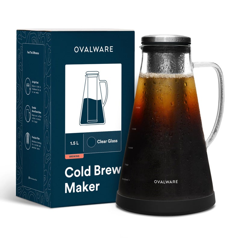 OVALWARE Airtight Cold Brew Iced Coffee Maker Pitcher (& Iced Tea Maker) with Spout â€“ 1.5L/ 51oz Brewing Glass Carafe with Removable Stainless Steel Filter - Image 1